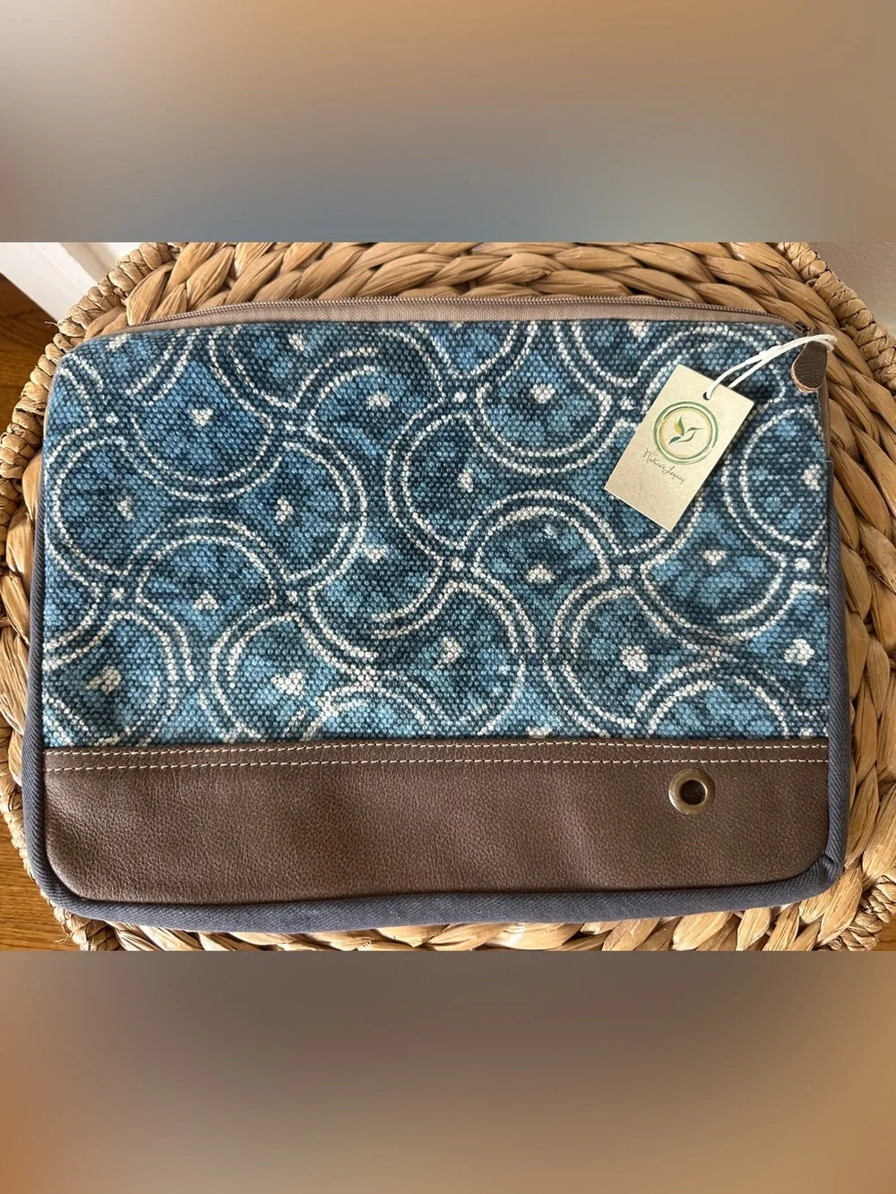 NWT Myra Bag Circles of Illusion Canvas & Leather Laptop Sleeve Blue 15